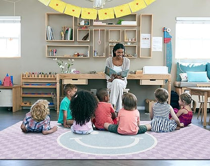 Flagship Carpets Schoolgirl Style Smiley on Lavender Checkerboard Educational Area Rug for Kids Room Seating Décor, Children's Classroom, Play Carpet for Teaching and Playroom, 7'6" x 12', Purple