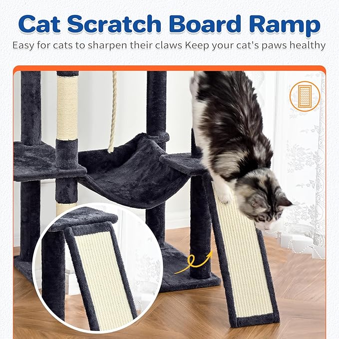 Cat Tree Tower 63in Multi-Level Cat Tower for Indoor Cats with Sisal Scratching Posts, Condo, Hammock, Dangling Ball and Extended Platform for Cats to Play, Dark Grey-Mewly Pet