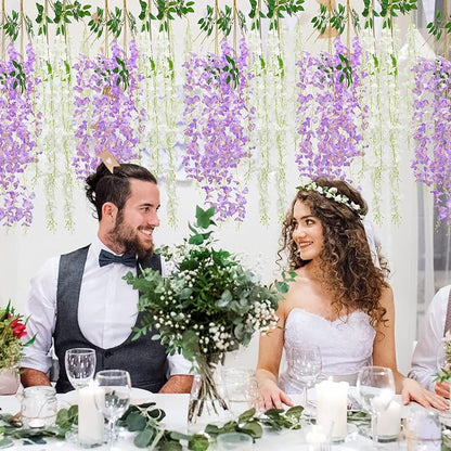 Giegxin 24 Pcs Artificial Wisteria Hanging Flowers 3.6 ft Artificial Fake Wisteria Vine Rattan Hanging Garland Silk Flowers String for Wall Home Wedding Party Greenery Decorations (Purple,White)