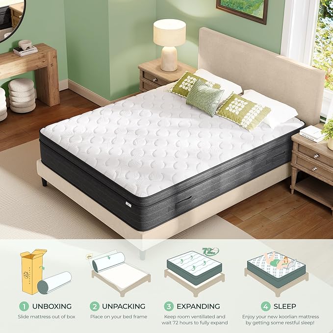 koorlian Queen Size Mattress 12 Inch - Cooling Hybrid Mattress in a Box for Back Pain Relief - Pocket Spring & Memory Foam | Fiberglass-Free, Medium Firm Feel, CertiPUR-US, 120 Nights Trial