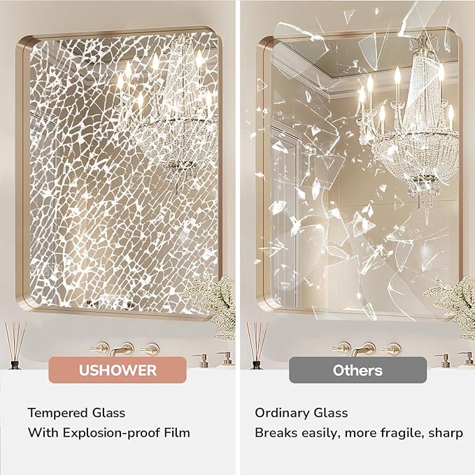 USHOWER Gold Bathroom Mirror 30"x40", Brushed Gold Rectangle Mirror for Over Sink, Rounded Corner, Aluminum Frame, Anti-Rust, Tempered Glass, Horizontal or Vertical Mounted