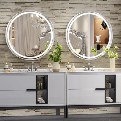 Hasipu 24 Inch Round LED Mirror for Bathroom with Lights, Silver Circular Vanity Mirror for Wall, Metal Framed Frontlit Bathroom Mirrors Anti-Fog, Dimmable, 3 Colors Makeup Shaving Mirror Wall Mounted