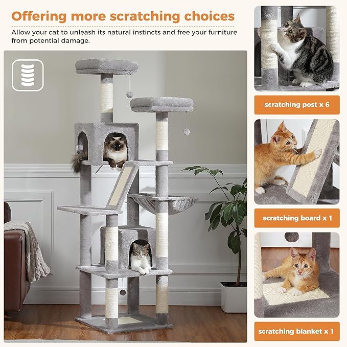 PAWZ Road 70 Inch Cat Tower, Tall Cat Tree with 2 Cozy Condos, 2 Plush Perch, Large Basket, 2 Scraching Pad & 6 Scraching Posts for Indoor Cats Large Adult, Gray-Mewly Pet