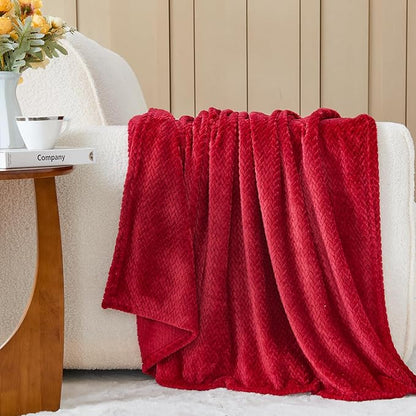 NEWCOSPLAY Super Soft King Blanket Red Premium Silky Flannel Fleece Leaves Pattern Lightweight Bed Blanket All Season Use (Red, King(90"x110"))