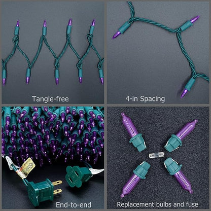 YULETIME 200 Count Purple LED Christmas Lights, 66 Feet Green Wire UL Certified Commercial Grade Holiday String Light Set (Purple)