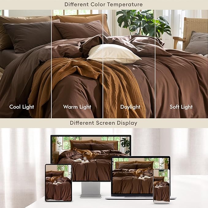 MooMee Bedding Duvet Cover Set 100% Washed Cotton Linen Like Textured Breathable Durable Soft Comfy (Solid Cocoa Brown, Super Queen 90"x98")