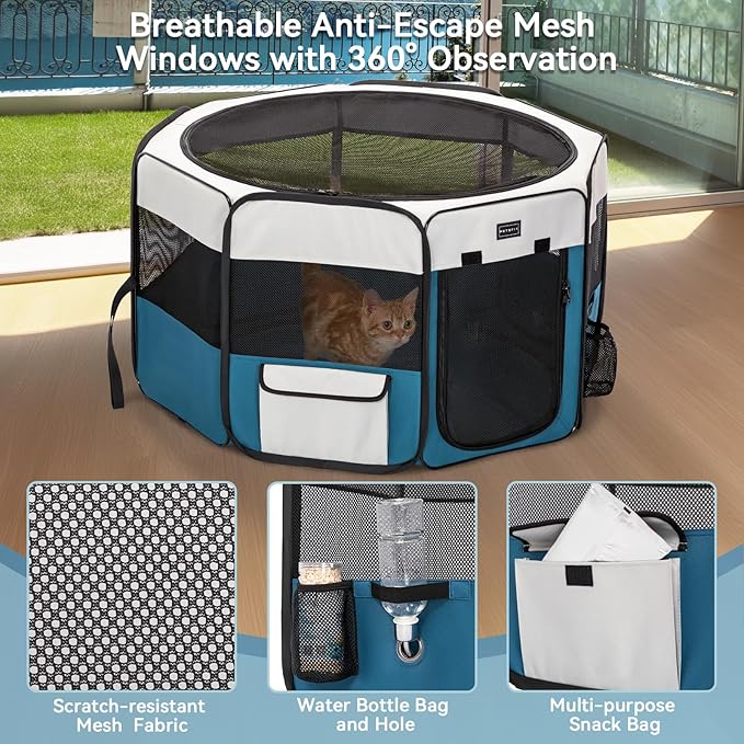 PETSFIT 29" Puppy Playpen with Removable Waterproof Mat & Zippered Roof | RV, Camping, Travel Dog Pen | Indoor/Outdoor Whelping & Cat Observation Space(29.5"x29.5"x16.5"H)-Mewly Pet