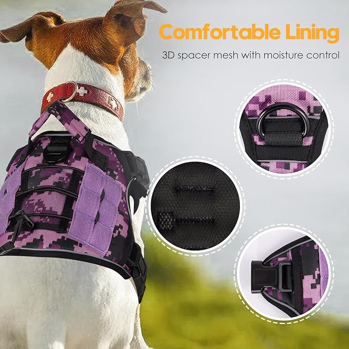 Heavy-Duty Tactical Dog Harness for Large Dogs, No Pull Adjustable Reflective Pet Vest with Molle System, K9 Military-Grade Control for Service Training, Outdoor & 10+ Breeds, Purple Camo, Small-Mewly Pet