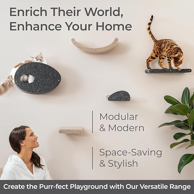 Wall Mounted Cat Perch Long Shelf by Pryde Pets - Floating Hammock Bed, 100% Sustainable PET Felt Feline Enrichment Climber Furniture for Indoor Cats, Modern Climbing Gym Jungle Design (Oatmeal)-Mewly Pet