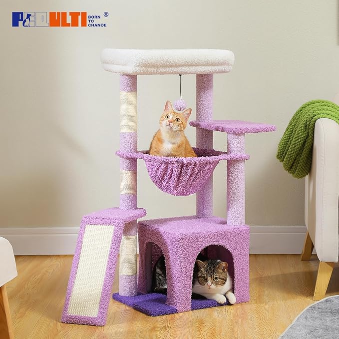 PEQULTI 36.5'' Cat Tree for Indoor Cats, Small Cat Tower with Large Cat Condo, Scratching Posts, Cozy Hammock and Scratching Ladder for Kittens, Purple-Mewly Pet