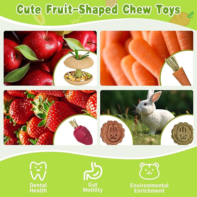 10 PCS Guinea Pig Chew Toys for Teeth, Rabbit Chew Toys Contain Natural Timothy Apple Core, Grass Cake, Carrot and Strawberry;Hamster toys for Bunny Chinchilla Gerbil Dental Care & Treat Teething-Mewly Pet