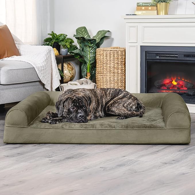 Furhaven Orthopedic Dog Bed for Large Dogs w/ Removable Bolsters & Washable Cover, For Dogs Up to 125 lbs - Faux Fur & Velvet Sofa - Dark Sage, Jumbo Plus/XXL-Mewly Pet