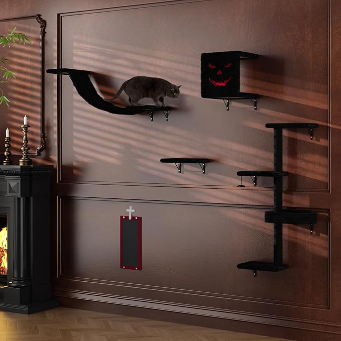 COZIWOW Wall-Mounted Cat Tree | Space-Saving Feline Furniture with Multiple Levels | Durable Scratch Post for Indoor Cats, Black&Red-Mewly Pet