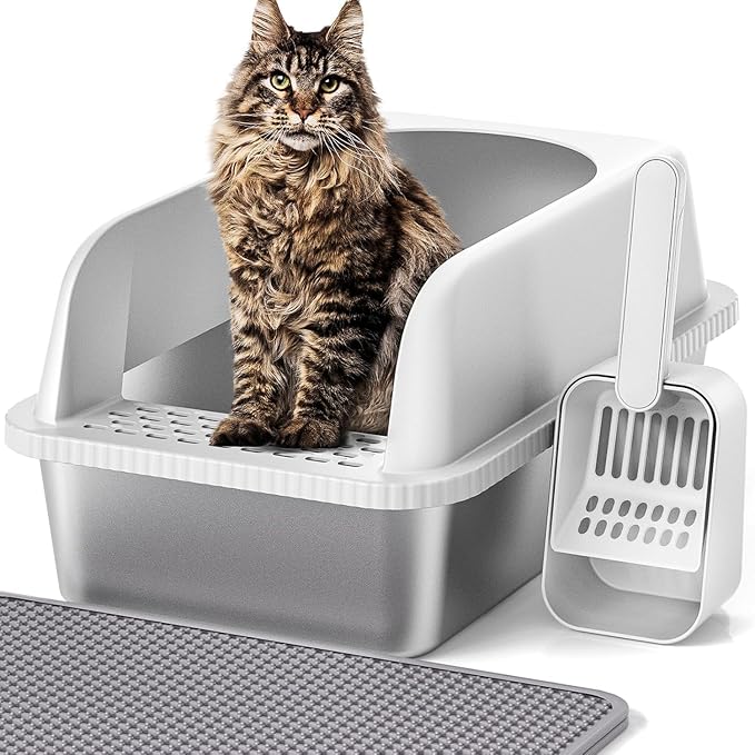 Stainless Steel Cat Litter Box with Lid, 20" L x 14.2" W x 11.8" H, Extra Large Litter Box for Big Cats with High Sided, Anti-Urine Leakage, Easy Cleaning, Include Cat Mat and Scoop-Mewly Pet