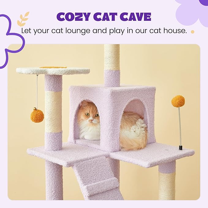 MWPO Flower Cat Tree for Indoor Cats, 63.8 Inches Multi-Level Cat Tower with Sisal-Covered Scratching Posts, Padded Platform, Hammock, Dangling Toys, Stable Cat Condo Pet Play House-Mewly Pet