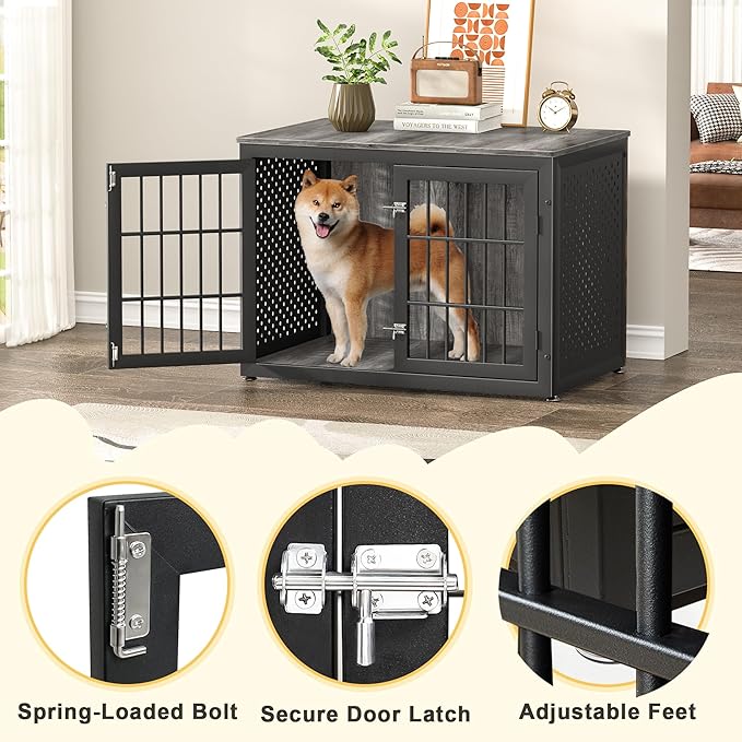38" Heavy Duty Dog Crate Furniture for Large and Medium Dogs,Wooden Metal Kennel for High Anxiety Dogs, Chew Proof Pet Cage Indoor, Decorative Dog Kennel End Table-Mewly Pet