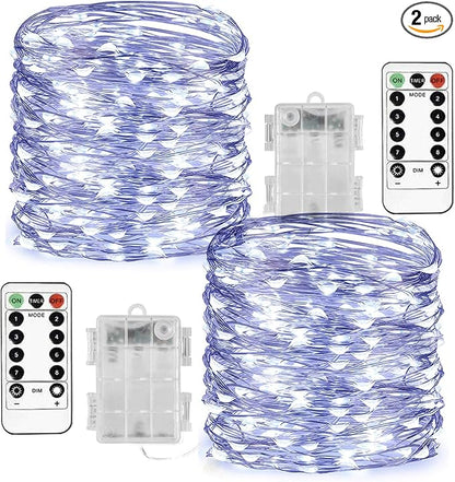 Homemory 2 Pack 33 Ft 100 LED Fairy Lights Battery Operated String Lights with Remote Waterproof 8 Modes Firefly Twinkle Christmas Lights for Outdoor Wedding Decorations(Cool White)