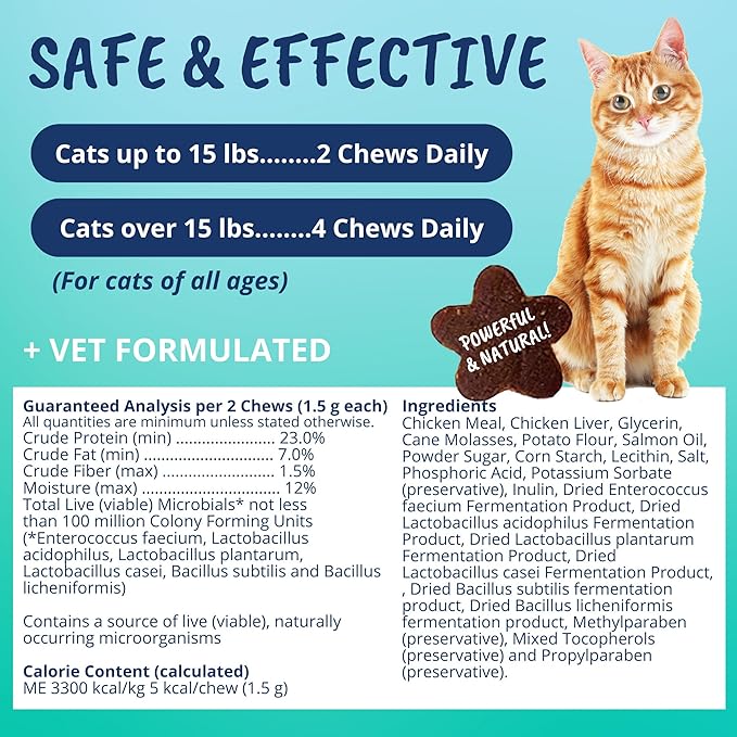 Under The Weather Pet Probiotic Chews for Cats | Promotes Normal Digestion, Balances Healthy Gut Health | 60 Star Shaped Soft Chews-Mewly Pet