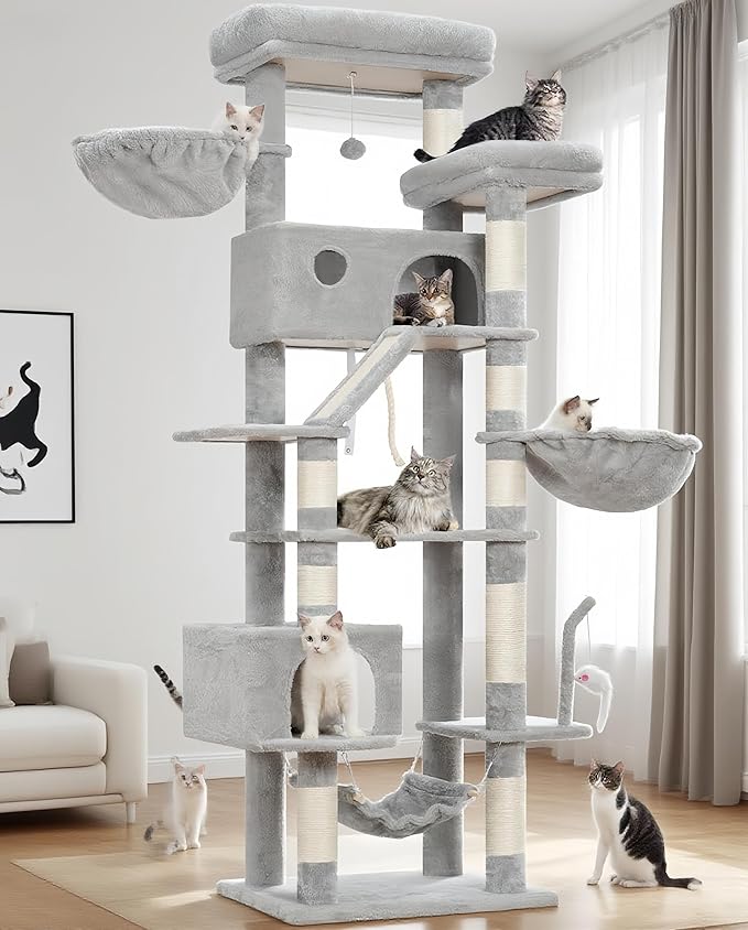 Cat Tree for Large Cats, 78.7"(200cm) Tall Cat Tower for Indoor Cats Multiple Cats with Large Top Perch, Cat Condo, Cat Hammcok, Cat Scratching Post, Light Gray GCT031W-Mewly Pet