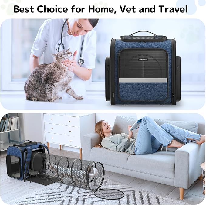 Pawtners Cat Carrier Backpacks Expandable Pet Backpack with Breathable Mesh, Pet Carrier Backpack for Cats Small Dogs Puppies Up to 18 Lbs, Dog Carrier Backpack for Travel Hiking Camping Outdoor Blue-Mewly Pet