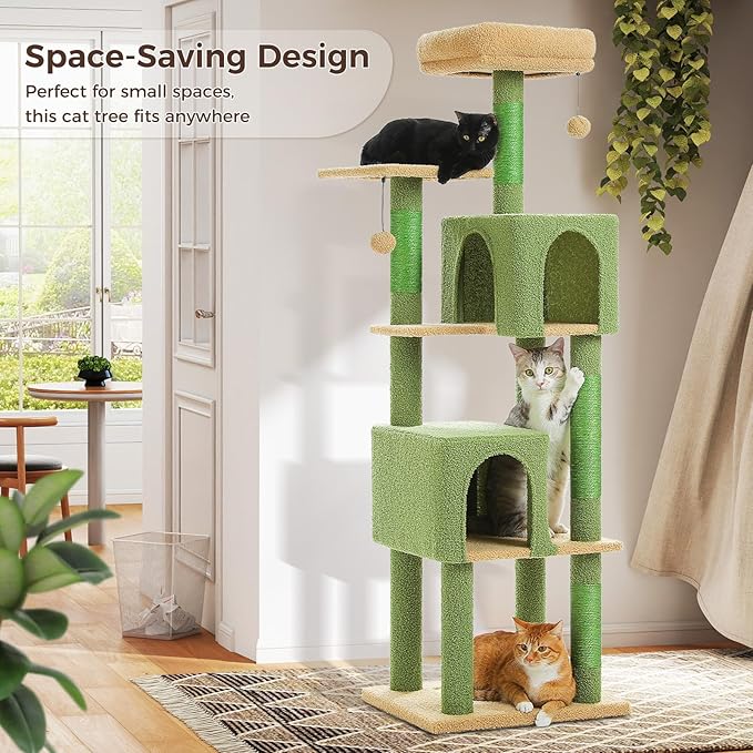 Cactus Cat Tree, 62-Inch Tall Multi-Level Cat Tower with Scratching Posts, Cat Condos for Large Indoor Cats, Plush Cat Bed w/Padded Perches, Scratching Pad & 2 Green Pompoms, Green-Mewly Pet