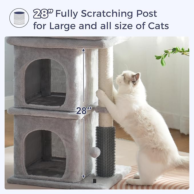 Cat Tree with Large Top Bed 17.7x15.7” Small Cat Tower with Dual Condos,28” Fully Scratching Post and Self Groomer for Indoor Cats-Grey-Mewly Pet