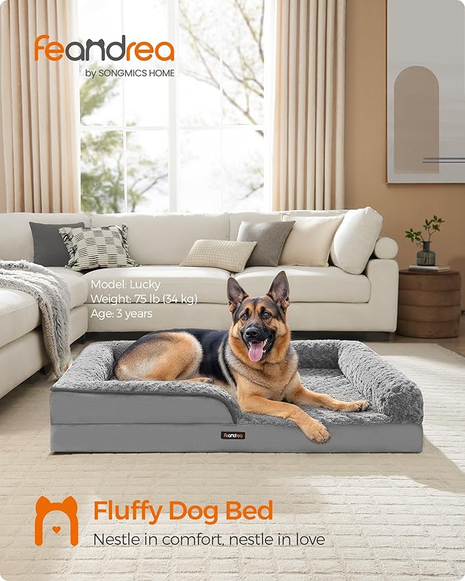 Feandrea Orthopaedic Dog Bed for Large Dogs, Waterproof Dog Sofa Bed with Removable Washable Cover, 48 x 35 x 7 Inches, Dove Gray UPGW254G01-Mewly Pet