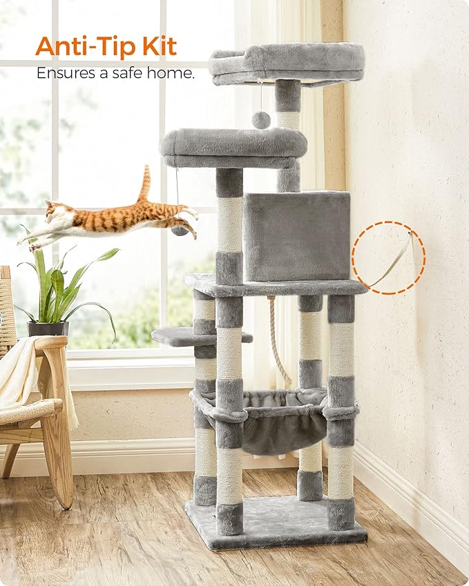 FEANDREA Cat Tree, Cat Tower for Indoor Cats, 56.3-Inch Cat Condo with Scratching Posts, Hammock, Plush Perch, Light Gray UPCT15W-Mewly Pet
