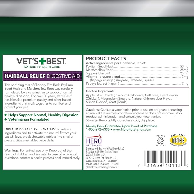 Vet’s Best Cat Hairball Relief Digestive Aid, Vet Formulated Hairball Support Remedy, Hairball Relief for Cats, Classic Chicken Flavor, 180 Chewable Tablets-Mewly Pet