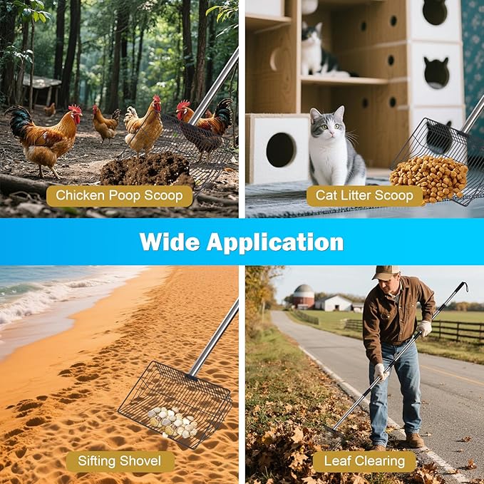 10inch Large Metal Chicken Poop Scooper,32 to 67" Adjustable Long Chicken Coop Litter Scoop,Heavy Duty Sifting Shovel for Chicken Coop & Pet Waste Cleaning-Mewly Pet