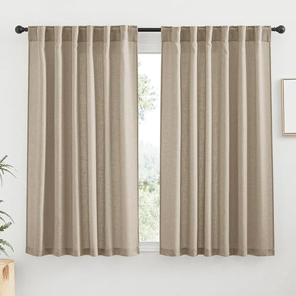 RYB HOME Linen Sheer Curtains for Small Window, Back Tab Breathable Absorbent Curtains & Drapes, Light Filter Half Privacy Protect for Study Room Office, Length 63 by Width 52 inch, 2 Panels, Khaki