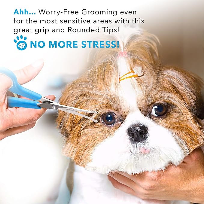 BOSHEL 3 Pc Dog Grooming Scissors Kit - 7" Scissor For Body Hair Trimming, 6" Small Micro-serrated Scissor For Face, Ear, & Paws, Thinning Shears For Dogs - Professional Dog Grooming Kit For Cat & Pet-Mewly Pet