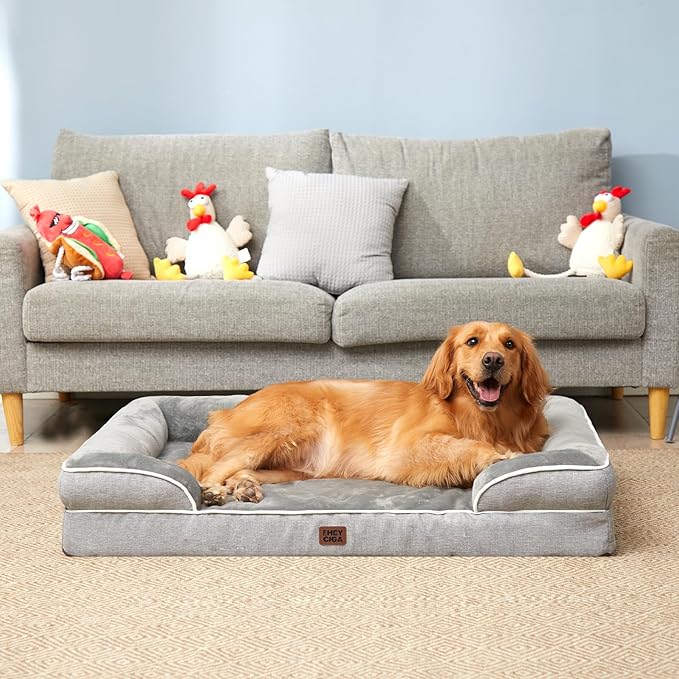 EHEYCIGA Orthopedic Dog Beds for Large Dogs, Waterproof Memory Foam Large Dog Bed with Sides, Non-Slip Bottom and Egg-Crate Foam Pet Couch Bed with Washable Removable Cover, Grey-Mewly Pet