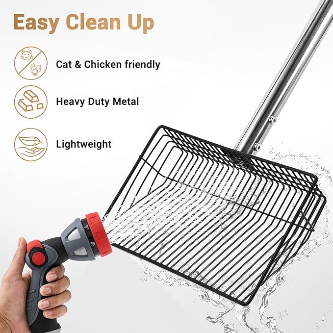 10inch Large Metal Chicken Poop Scooper, 24 to 68" Long Chicken Coop Litter Scoop with Stainless Steel Handle, 4 in 1 Multifunctional Heavy Duty Litter Sifting Shovel Chicken Coop Accessories-Mewly Pet