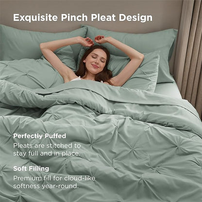 Bedsure Queen Comforter Set Sage Green - Bed in a Bag Queen Size Bedding 7 Pieces, GentleSoft™ Pintuck Bed Set Gift for Family, Pinch Pleat All Season Comforter with Sheets, Pillowcases & Shams