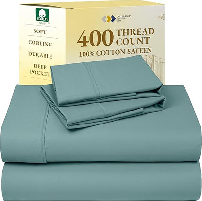 California Design Den Natural 100% Cotton Sheets, Soft Queen Sheet Set, 400 Thread Count Sateen, Deep Pockets with All-Around Elastic for a Snug Fit, Cool & Durable Bedding Set - Teal