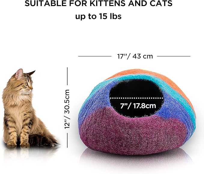 Woolygon Premium Felt Cat Cave Bed – Wool Kitty Beds Handcrafted Kitten Caves Bed for Indoor Cats - Made from 100% Eco-Friendly Merino Wool, Foldable Cat Hidewawy Covered Cat House Pod (Rainbow Twist)-Mewly Pet