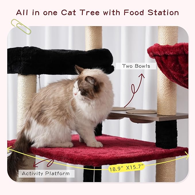 Cat Tree with Tunnel, Cat Tower for Indoor Cats, Tall Gothic Cat Tree Tower with Cat Condo, Food Station, Large Platform, Scratching Posts, Hammock, Black and Red GCT021BR-Mewly Pet