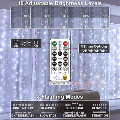 HXWEIYE 300LED Fairy Curtain Lights, 9.8x9.8Ft USB Plug-in 8 Modes Christmas String Hanging Lights with Remote for Bedroom Backdrop Wedding Party Indoor Wall Decor, White, Standard