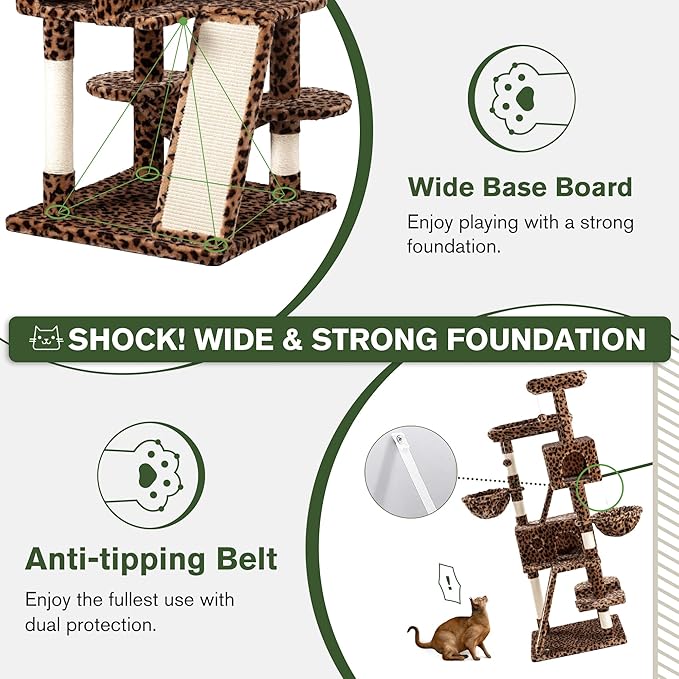 MUTICOR 66 Inches Multi-Level Large Cat Tree Tower for Indoor Big Feline/Cozy Plush Perches/Condo/Sisal Scratching Posts/Hammock and Baskets/Activity Center Play House/Wide Base/Leopard Print-Mewly Pet