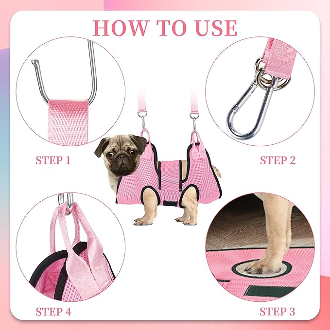 PatiencET Dog Grooming Hammock, Pet Grooming Hammock for Cats & Dogs with Security Strap, Dog Sling for Nail Trimming with Nail Clippers/Trimmer, Nail File, Pet Comb(Pink S)-Mewly Pet
