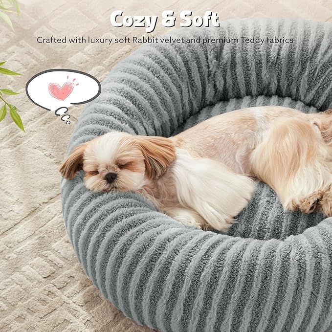 MIXJOY Calming Dog Bed Medium Size, Donut Dog Beds Medium Sized Dogs, Fluffy Plush Faux Fur Round Dog Cat Cuddler with Removable Washable Cover, 30"x30"x8", Grey-Mewly Pet