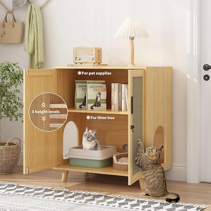 Lovinouse Large Cat Litter Box Enclosure,Hidden Kitty Litter Furniture with Sisal Covered Doors,2-Layer Wooden Cat Washroom Cabinet w/Adjustable Shelf,Side Table for Living Room,Natural-Mewly Pet