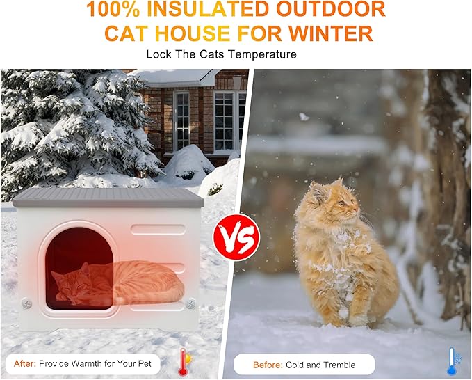 Rockever Plastic Outdoor Indoor Cat House with Insulated Liner, 100% Insulated Feral Cat House for Winter, Waterproof Cat Houses for Outdoor Cats, Spacious, Assemble Easily-Grey-Mewly Pet