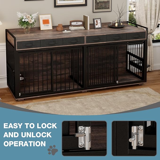 86.6Inch Large Double Dog Crate Furniture,Heavy Duty Metal Frame Dog Crate Kennel with Adjustable Feeder Bowls and Removable Divider&Drawers,Chew-Resistant Dog Kennel for 2 Dogs Indoor-Mewly Pet