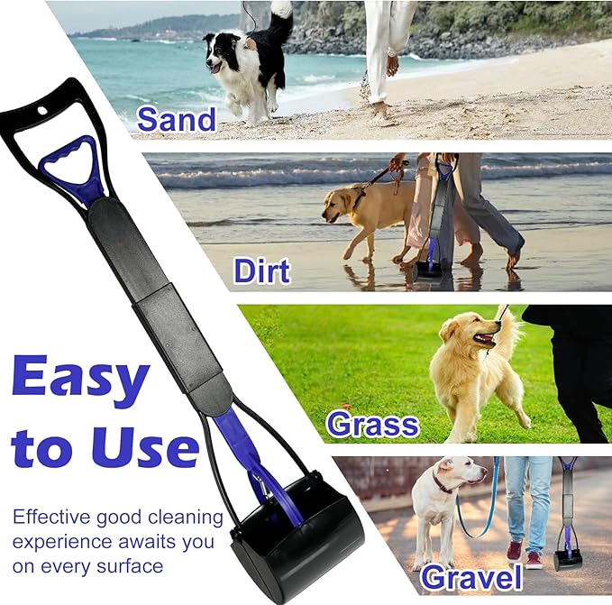 Pooper Scooper with Bags, 28" Long Handle Dog Poop Scooper for Large Medium Small Dogs, Durable Spring and High Strength Material Foldable Waste Pickup Tool for Easy Grass and Gravel Pick Up, Blue-Mewly Pet