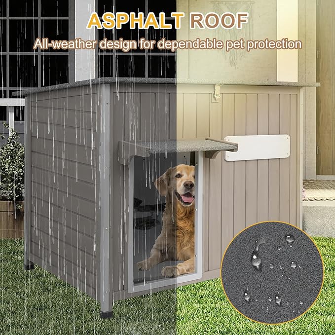 Weatherproof Outdoor Dog House, Wooden Puppy Shelter with Anti-Chewing Iron Frame and Elevated Floor, Sturdy Dog Kennel for Small, Medium & Large Dogs, Grey (Gray, 40" L x 26" W x 31" H)-Mewly Pet