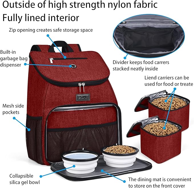 BAGLHER丨Dog Travel Bag, Airline Approved Pet Supplies Backpack, Dog Travel Backpack with 2 Silicone Collapsible Bowls and 2 Food Baskets-Mewly Pet