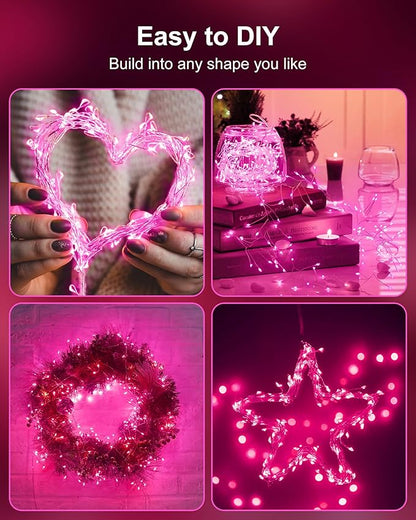 Fairy Lights Battery Operated, Twinkle String Lights Waterproof Silver Wire 5 Ft 60 LED Firecracker Valentine's Lights for DIY Wreath Wedding Bedroom Mason Jar Holiday Christmas Valentine's Day, Pink