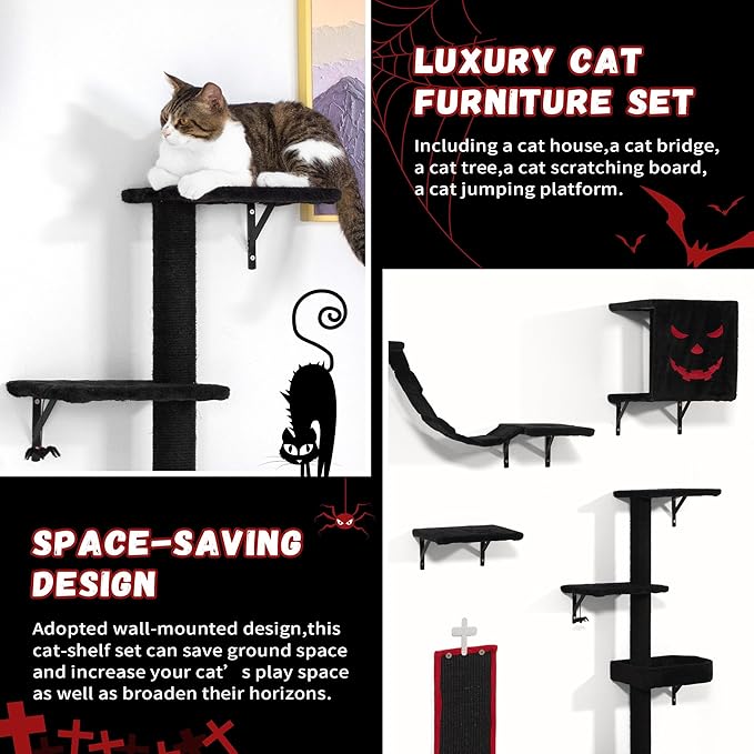 COZIWOW Wall-Mounted Cat Tree | Space-Saving Feline Furniture with Multiple Levels | Durable Scratch Post for Indoor Cats, Black&Red-Mewly Pet